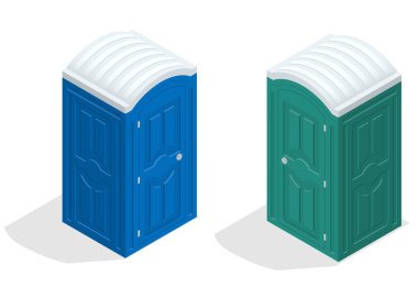 Isometric bio toilet cabin. Blue and green. Hiking services. Flat color style vector icon
