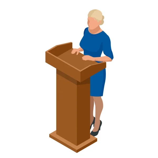 Obchodní žena prezentace na konferenci nebo zasedání nastavení. Řečník mluví z tribun vektorové ilustrace. — Stockový vektor