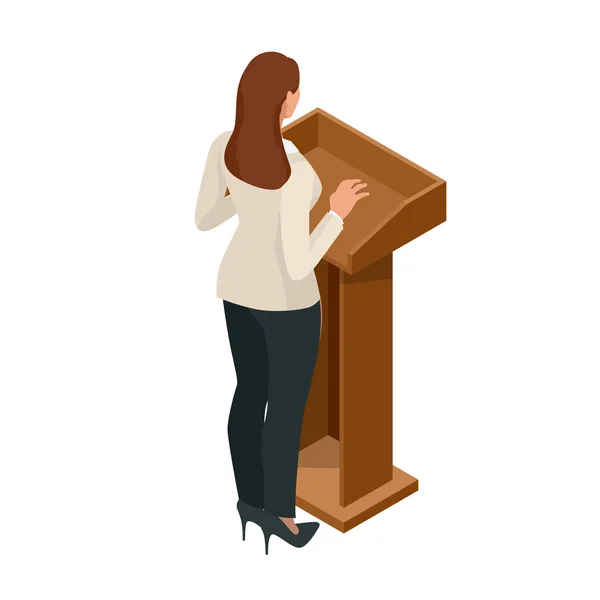 Γυναίκα των επιχειρήσεων δίνοντας μια παρουσίαση σε ένα συνέδριο ή συνάντηση ρύθμιση. Ρήτορας μιλώντας από την εικονογράφηση διάνυσμα tribune. — Διανυσματικό Αρχείο