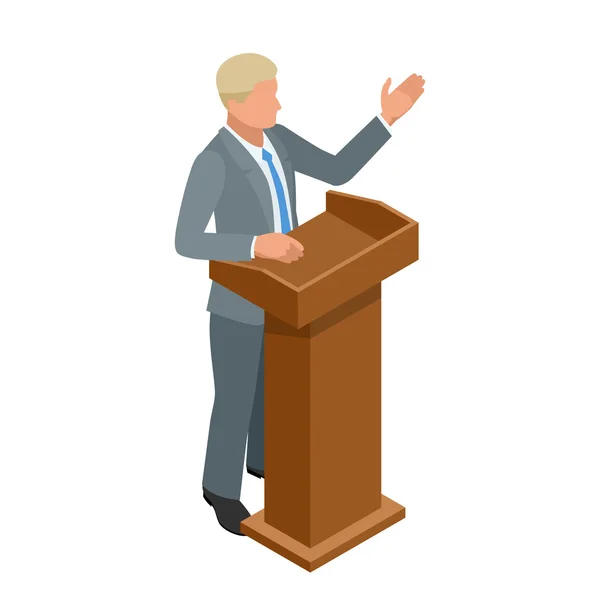 Business man die een presentatie geeft in een conferentie-of Vergader setting. Redenaar spreken van tribune vector illustratie. — Stockvector