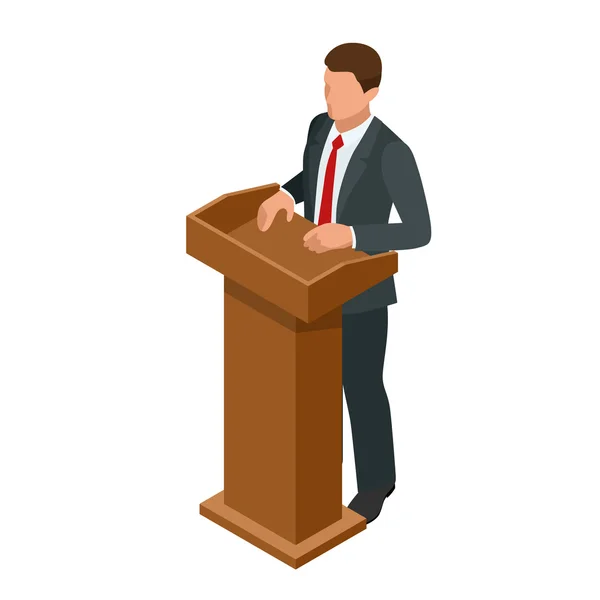 Biznes człowiek dając prezentację w konferencji lub spotkanie ustawienie. Orator mówienie z Tribune wektor ilustracji. — Wektor stockowy