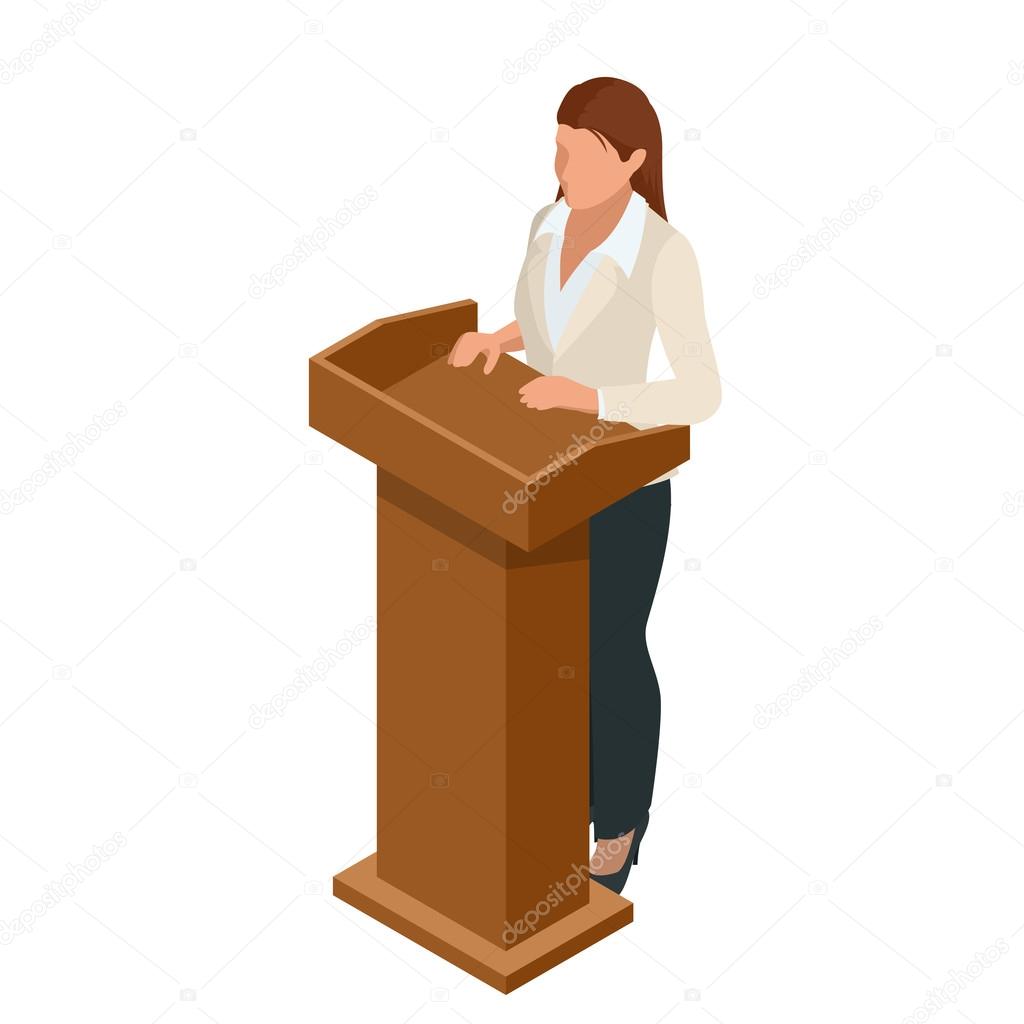 Business woman giving a presentation in a conference or meeting setting. Orator speaking from tribune vector illustration.