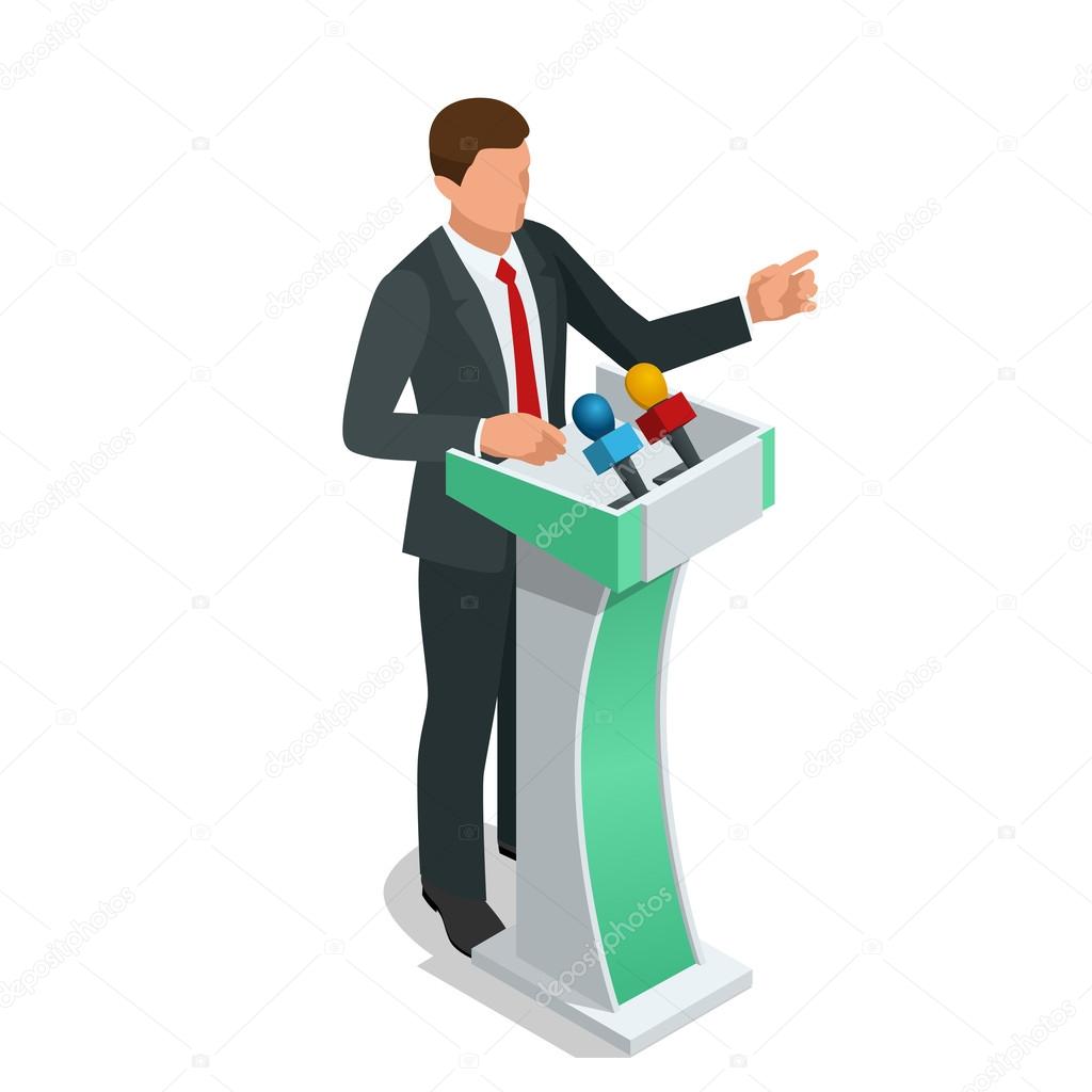 Business man giving a presentation in a conference or meeting setting. Orator speaking from tribune vector illustration.