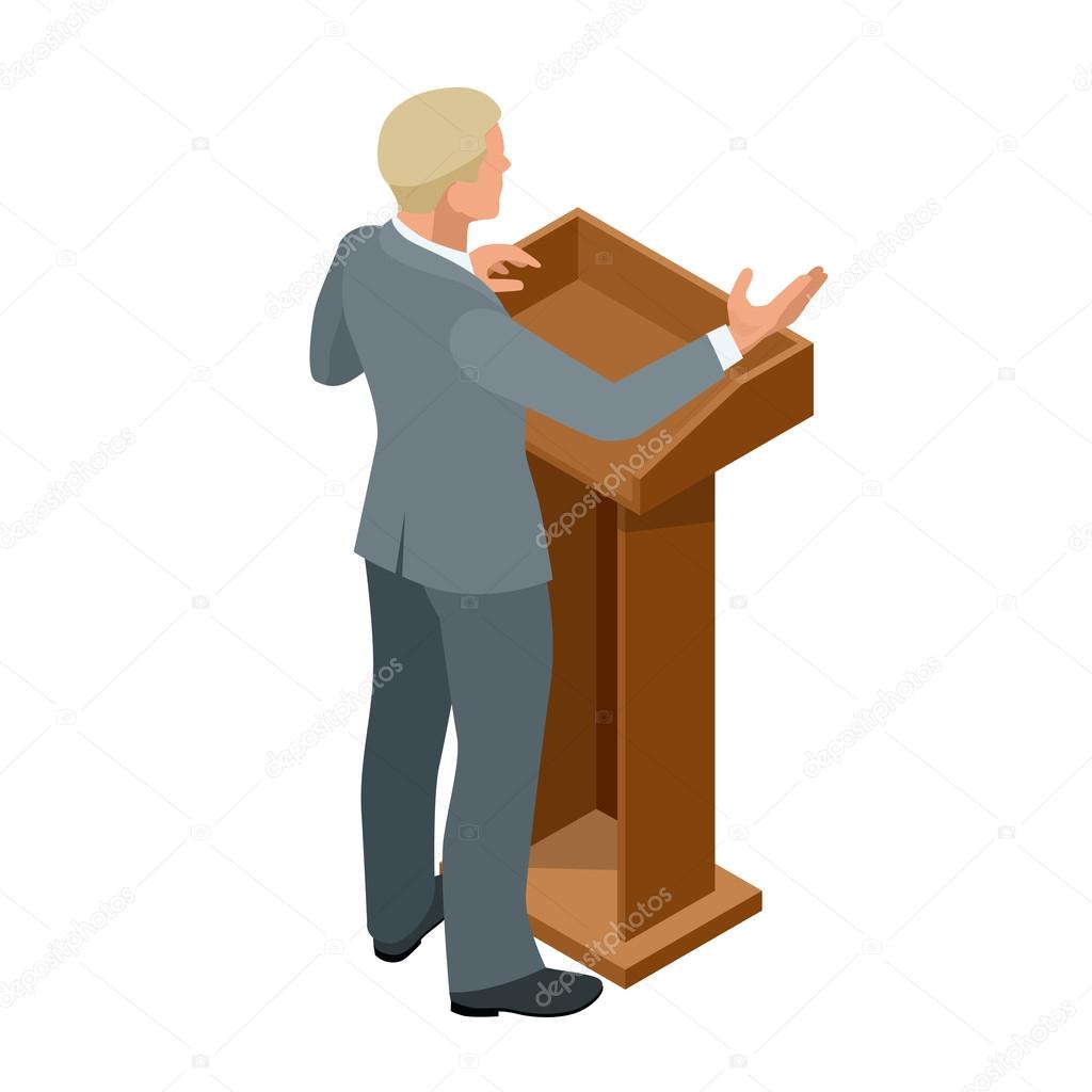 Business man giving a presentation in a conference or meeting setting. Orator speaking from tribune vector illustration.