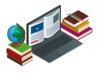 Bilgi temel kavramı olarak Bu İletişim veya e-öğrenme veya internet ağı. Uzaktan e-öğrenim eğitimi ve eğitimi için dizüstü bilgisayar kullanarak eğitim teknolojisi düz illüstrasyon.
