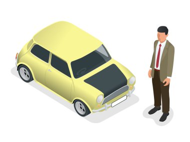 İzometrik Klasik mini model araba ve adam