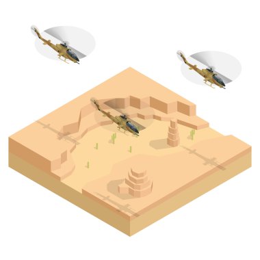 Çölüzerinde isometrik askeri helikopter. Düz 3d vektör çizimi