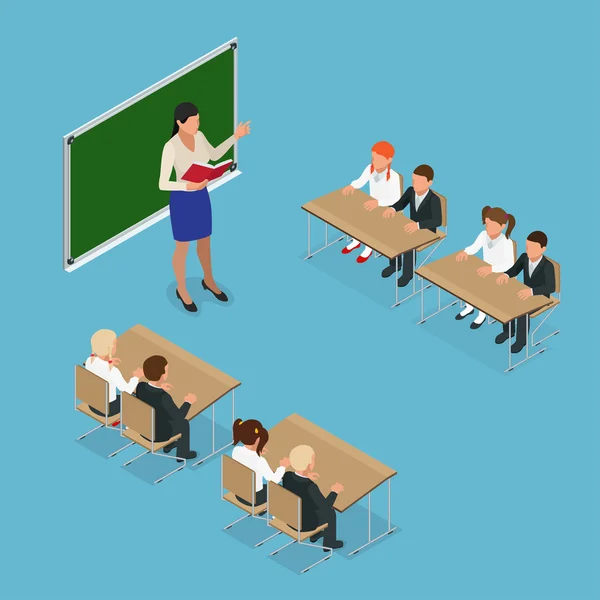 Sometric School lesson. Little students and teacher. Isometric Classroom with green chalkboard, teachers desk, pupils tables and chairs. Flat 3d cartoon illustration. — Stock Vector