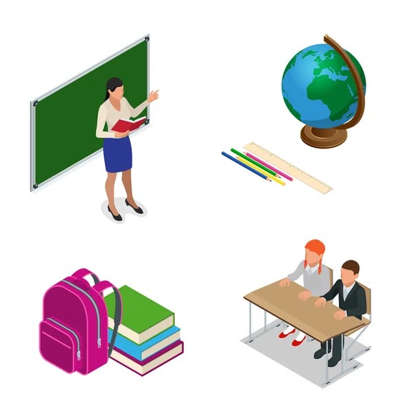 Sometric School lesson. Little students and teacher. Isometric Classroom with green chalkboard, teachers desk, pupils tables and chairs. Flat 3d cartoon illustration. — Stock Vector