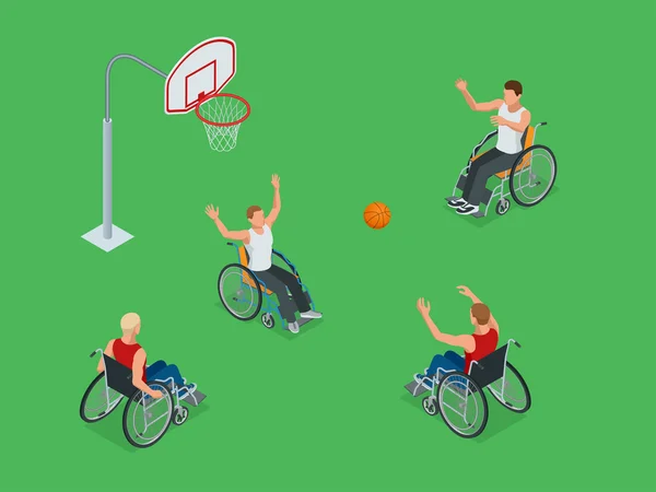Izometryczny aktywny zdrowy niepełnosprawny Mężczyźni Koszykówka gracze w pewien wózek inwalidzki Sport szczegółowy tło wektor — Wektor stockowy