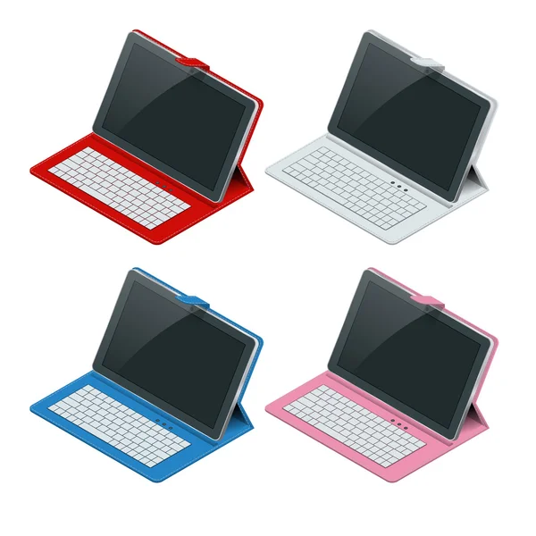 Computer Tablet isometrico con schermo bianco vuoto e tastiera isolata su sfondo bianco . — Vettoriale Stock
