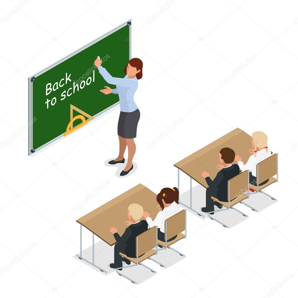 sometric School lesson. Little students and teacher. Isometric Classroom with green chalkboard, teachers desk, pupils tables and chairs. Flat 3d cartoon illustration.
