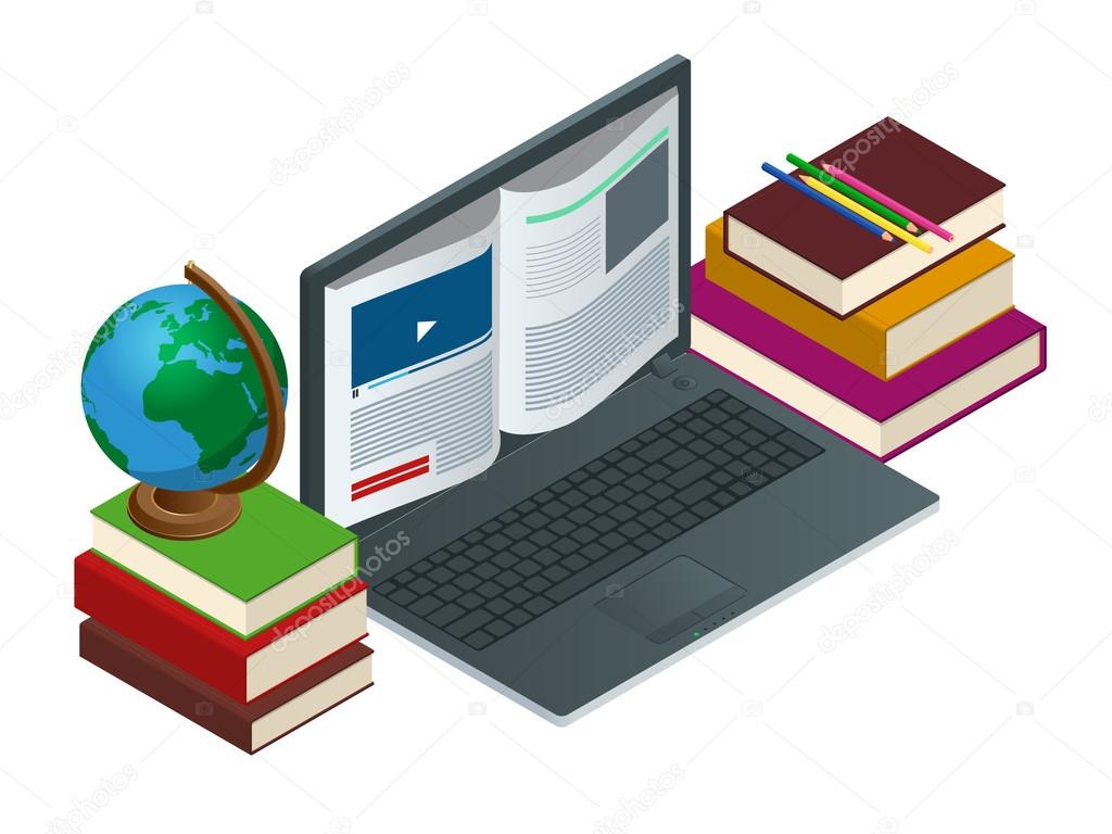 IT Communication or e-learning or internet network as knowledge base concept. Education technology flat illustration using laptop for distance elearning studying and education.