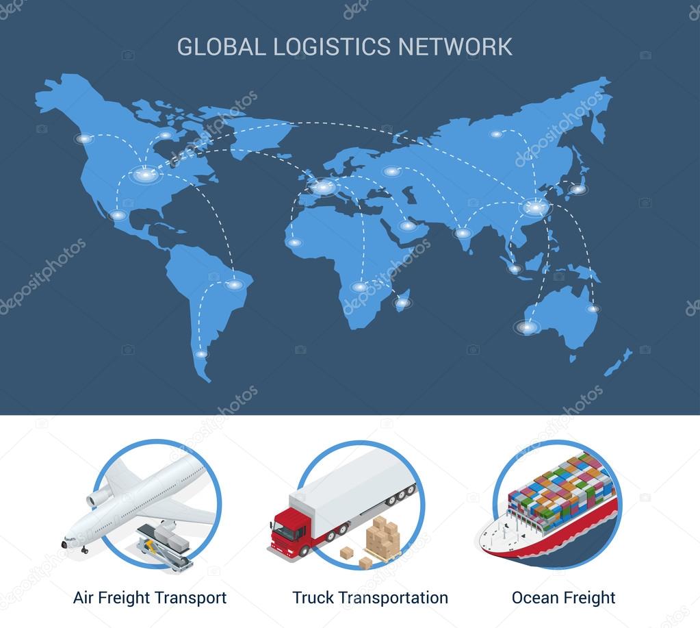 Global logistics network Flat 3d isometric vector illustration Set of air cargo trucking rail transportation maritime shipping On-time delivery Vehicles designed to carry large numbers