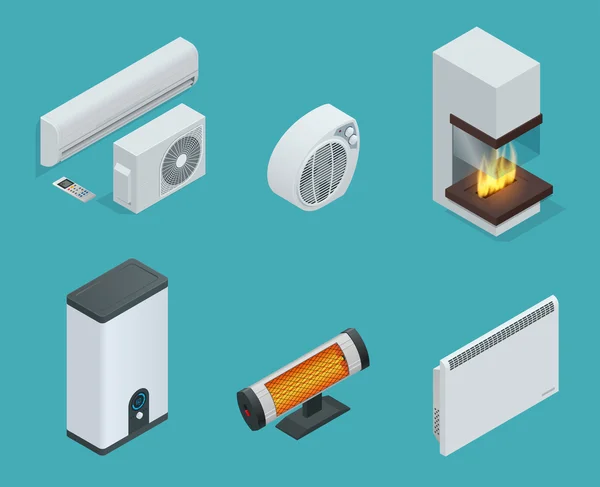Domácí klimatické zařízení izometrické ikony nastavit krb, Nástěnný konvektor, elektrický ohřívač, infračervené topení, kotle, klimatizace — Stockový vektor