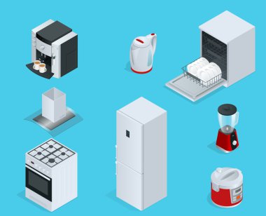 İzometrik ev aletleri. Ev mutfak teknikleri bulaşık makinesi ayarla, gaz sobası, kahve makinesi, blender, su ısıtıcısı, buzdolabı, multivarka, aspiratör, çanak çömlek.