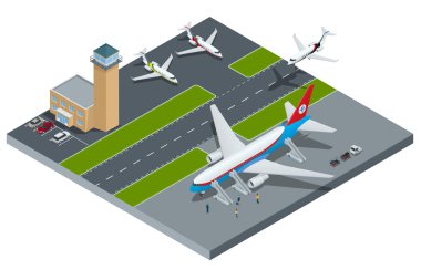 Vektör izometrik Havaalanı, jet uçak, zemin destek araçları ve ekipmanları temsil eden. Havaalanı, uçak pist havayolu pilot hostes, Havaalanı terminal, Bagaj, Uluslararası Havayolları