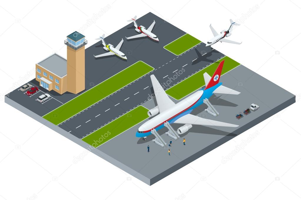 Vector Isometric representing airport, jet airplane, ground support vehicles and equipment. Airport, aircraft runway airline pilot stewardess, airport terminal, baggage, international airlines