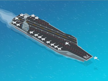 Nükleer uçak gemisi için atanan uçak. İzometrik vektör Donanması nükleer uçak gemisi