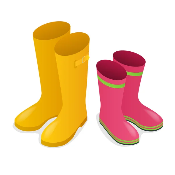 Isometric yellow and pink rubber boots isolated on white background. — Stock Vector