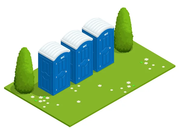 Isometrische Bio mobiele toiletten op gras. Blauwe bio toilet in park. Wandelen diensten. Egale kleur stijl illustratie pictogram Bio toilet. Bio toilet concept. Straat bio toilet. — Stockvector