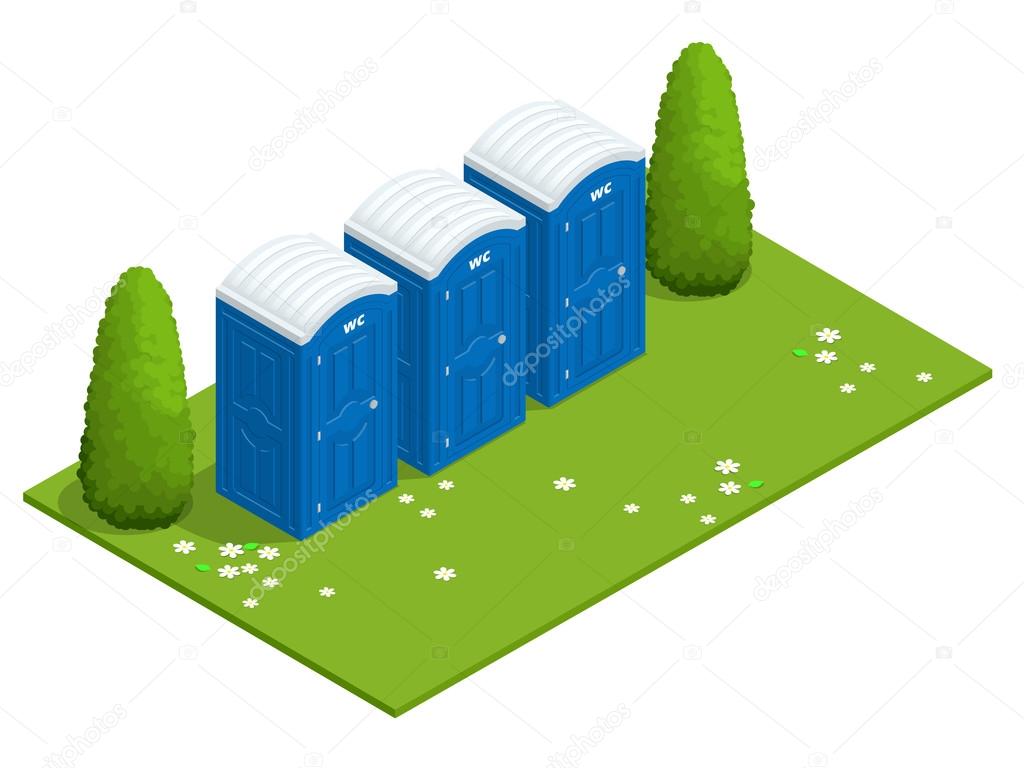 Isometric Bio mobile toilets on grass. Blue bio toilet in park. Hiking services. Flat color style illustration icon Bio toilet. Bio toilet concept. Street bio toilet.