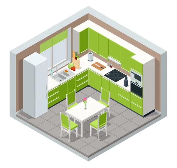 Interior de quarto de cozinha minimalista isométrico com mobília de jantar em um soalho. Interior da casa moderna com cozinha e sala de jantar combinação. —  Vetores de Stock