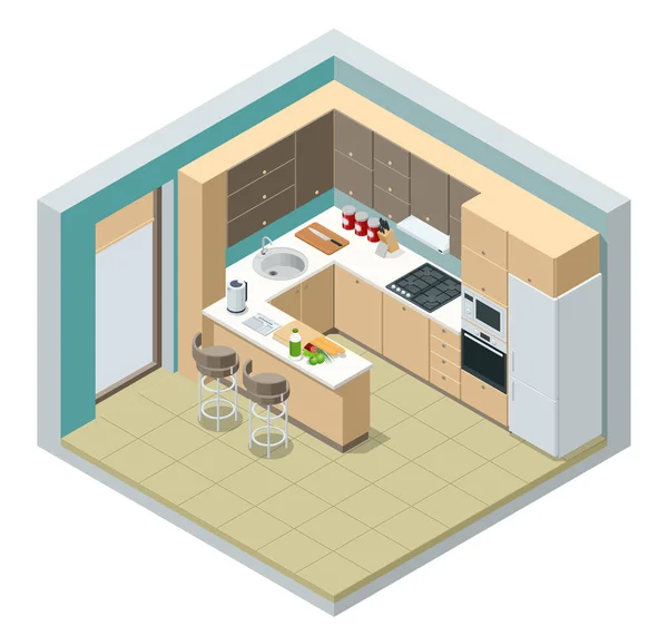 Izometryczne minimalistyczne wnętrze kuchni z meblami jadalnymi na podłodze. Nowoczesne wnętrze domu z kuchnią i jadalnią połączenie. — Wektor stockowy