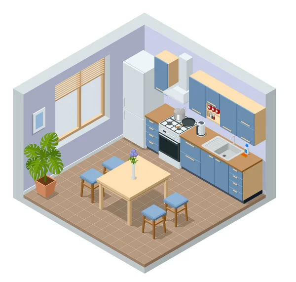 Isometric intérieur minimaliste de la salle de cuisine avec meubles de salle à manger sur un plancher. Intérieur de la maison moderne avec combinaison cuisine et salle à manger. — Image vectorielle