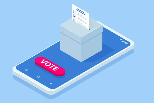 アイソメトリックオンライン投票と選挙の概念。電子投票、選挙インターネットシステム。スマートフォン画面上の投票で. — ストックベクタ