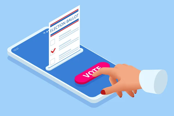 Isometric Online Oy Verme ve Seçim Konsepti. E-oylama, Seçim İnternet Sistemi. Ekranda Oy Veren Akıllı Telefon. — Stok Vektör