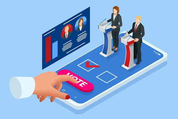 Isometrische Online Stemmen en Verkiezing Concept. E-voting, Verkiezing Internet System. Smartphone met Stem op het scherm. — Stockvector