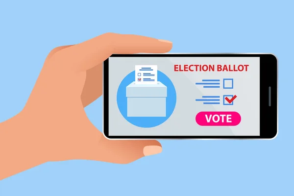 Głosowanie online i koncepcja wyborów. E-głosowanie, Internetowy System Wyborczy. Smartfon z głosowaniem na ekranie. — Wektor stockowy