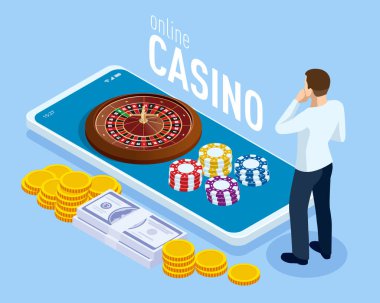 Bozuk paralı ve ruletli Isometric akıllı telefon. Online kumarhane konsepti.