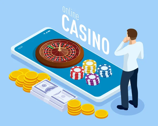 Isometrische smartphone met munten en roulette. Online casino gokken concept. — Stockvector