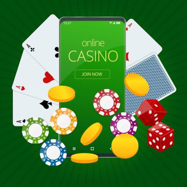 İnternet poker oyunu. Poker kartları, fiş oyunları unsurları. Çevrimiçi Kumarhane Konsepti.