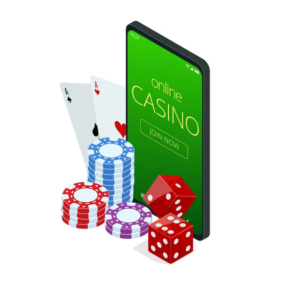 Internet poker. Poker karty, žetony herní prvky. Izometrické Online Kasino Hazardní hry koncepce. — Stockový vektor