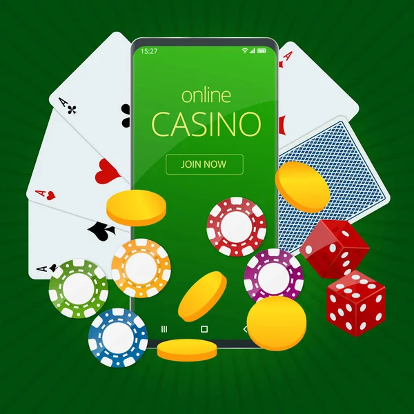 网络扑克游戏。扑克牌，芯片游戏元素。网上赌场赌博概念. — 图库矢量图片