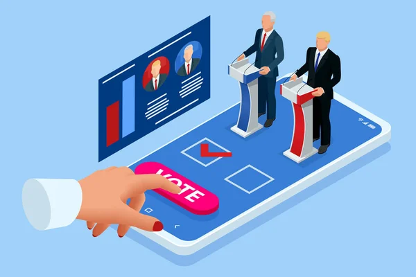Ισομετρική ιδέα ηλεκτρονικής ψηφοφορίας και εκλογών. Ηλεκτρονική ψηφοφορία, Εκλογικό Σύστημα Διαδικτύου. Smartphone με Ψηφοφορία στην οθόνη. Συζήτηση για την ψηφοφορία του προέδρου για το 2020. — Διανυσματικό Αρχείο