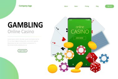 Online Kumarhane Konsepti. Çevrimiçi Big Slots Gazino Pazarlama Sancakları, Oyun Uygulamaları. Web iniş sayfası şablonu