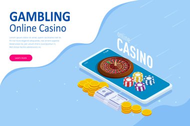 Isometric Online Kumarhane Konsepti. Çevrimiçi Big Slots Gazino Pazarlama Sancağı, Oyun Uygulamaları Web iniş sayfası şablonu.