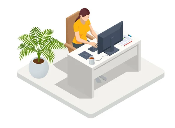Isometrisk affärskvinna som arbetar hemma med laptop och papper på skrivbordet. Frilans eller studera koncept. Online möte arbete formulär hem. Hemkontor. — Stock vektor