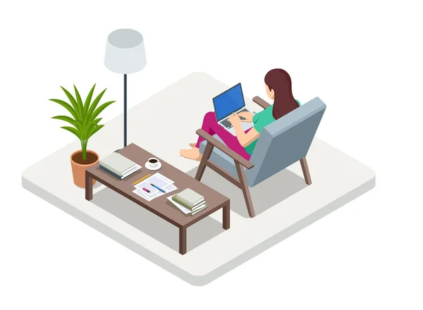 Isometric business woman working at home with laptop and papers on desk. Freelance or studying concept. Online meeting work form home. Home office. — Stock Vector