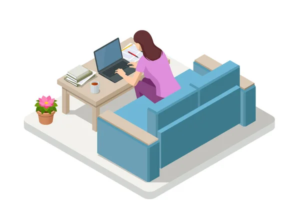 Isometric business woman working at home with laptop and papers on desk. Freelance or studying concept. Online meeting work form home. Home office. — Stock Vector