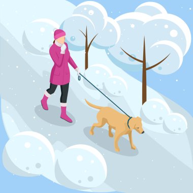 Golden Retriever 'la parkta yürüyen sıradan elbiseli bir kız. Mevsim kış, bahar, yaz, sonbahar. Hayvan bakımı konsepti. Ön görünüm