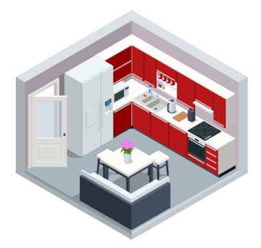 Isome minimalist mutfak odası. Yerlerde mobilya var. Mutfak ve yemek odası kombinasyonu olan modern bir ev..