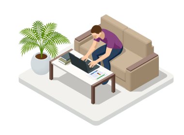 Evde dizüstü bilgisayarı ve masa başında kağıtları olan bir iş adamı. Serbest çalışmak ya da konsept çalışmak. Çevrimiçi iş görüşmesi formu. Merkez Ofis.