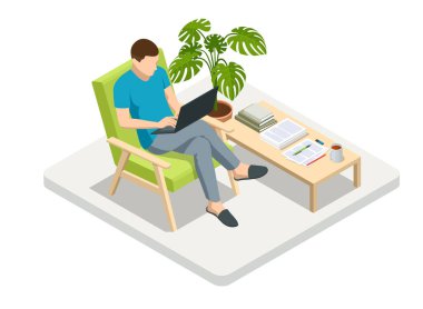 Evde dizüstü bilgisayarı ve masa başında kağıtları olan bir iş adamı. Serbest çalışmak ya da konsept çalışmak. Çevrimiçi iş görüşmesi formu. Merkez Ofis.