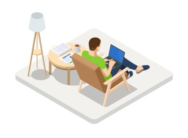 Evde dizüstü bilgisayarı ve masa başında kağıtları olan bir iş adamı. Serbest çalışmak ya da konsept çalışmak. Çevrimiçi iş görüşmesi formu. Merkez Ofis.