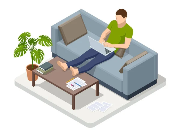 Isometric business man working at home with laptop and papers on desk. Freelance or studying concept. Online meeting work form home. Home office. — Stock Vector